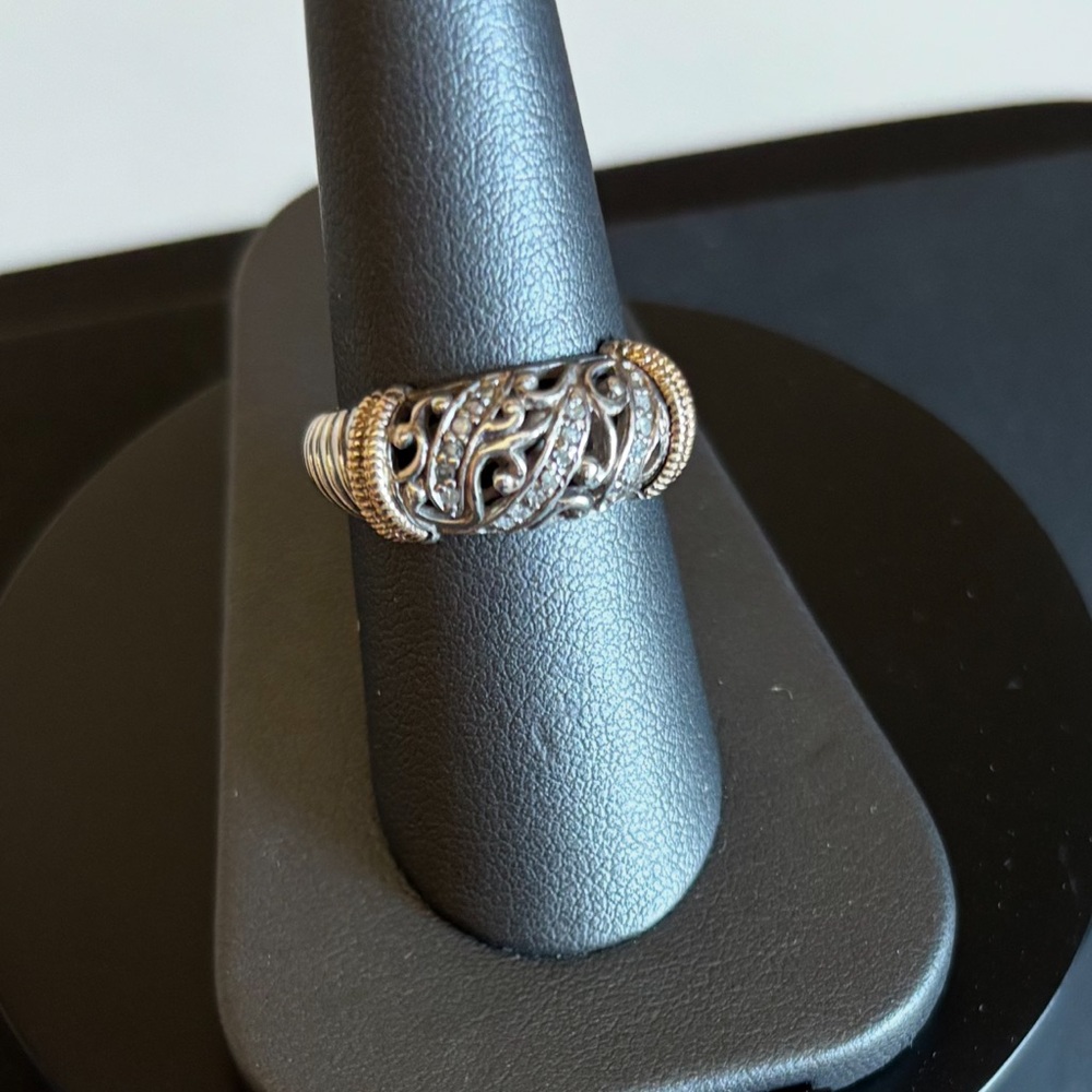 Sterling Silver Filigree, 14k Yellow Gold, and Round Diamonds Ring